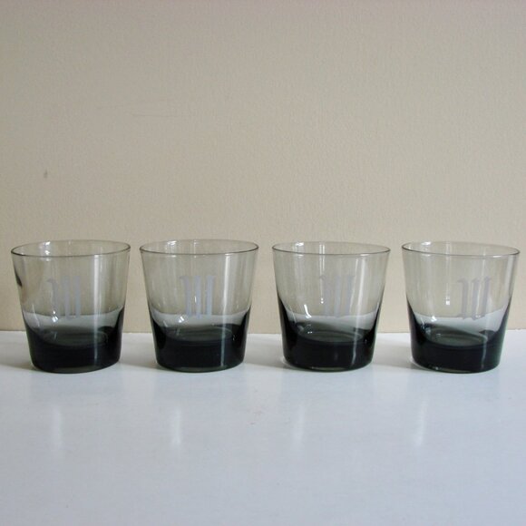 Vintage Set of 4 Bar Glasses Smoke Gray Purple Whiskey Lowball Monogrammed "W" - Picture 1 of 11